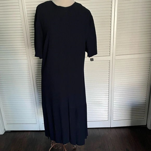 Vintage Tamotsu navy blue classy simple chic midi sheath dress pleated 1X - Picture 2 of 10